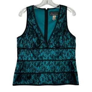 Alex Evenings teal sating sleeveless top with black lace over size XL